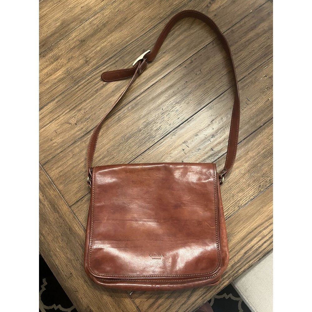 Cristina Firenze Made In Italy Brown Leather Crossbody Briefcase Bag Brown EUC
